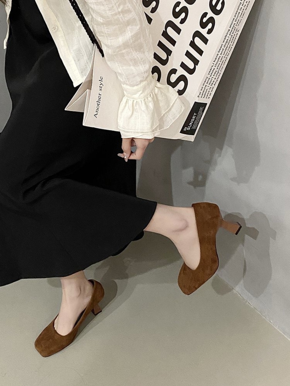 Suede Brown Mid Block Heel Pumps
